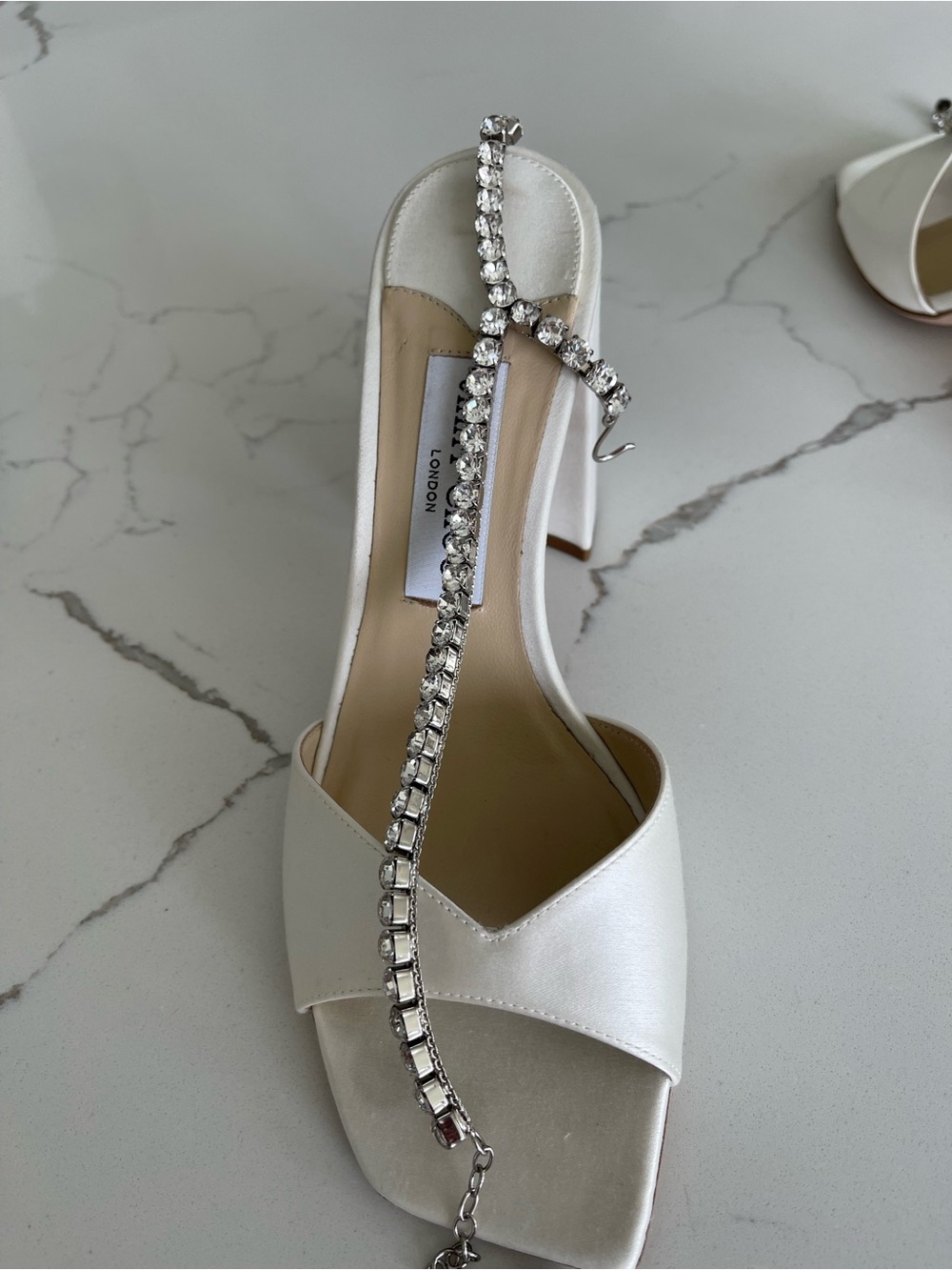 Jimmy Choo White Satin Block-Heel Sandals with Crystal T-Strap - Picture 3 of 7
